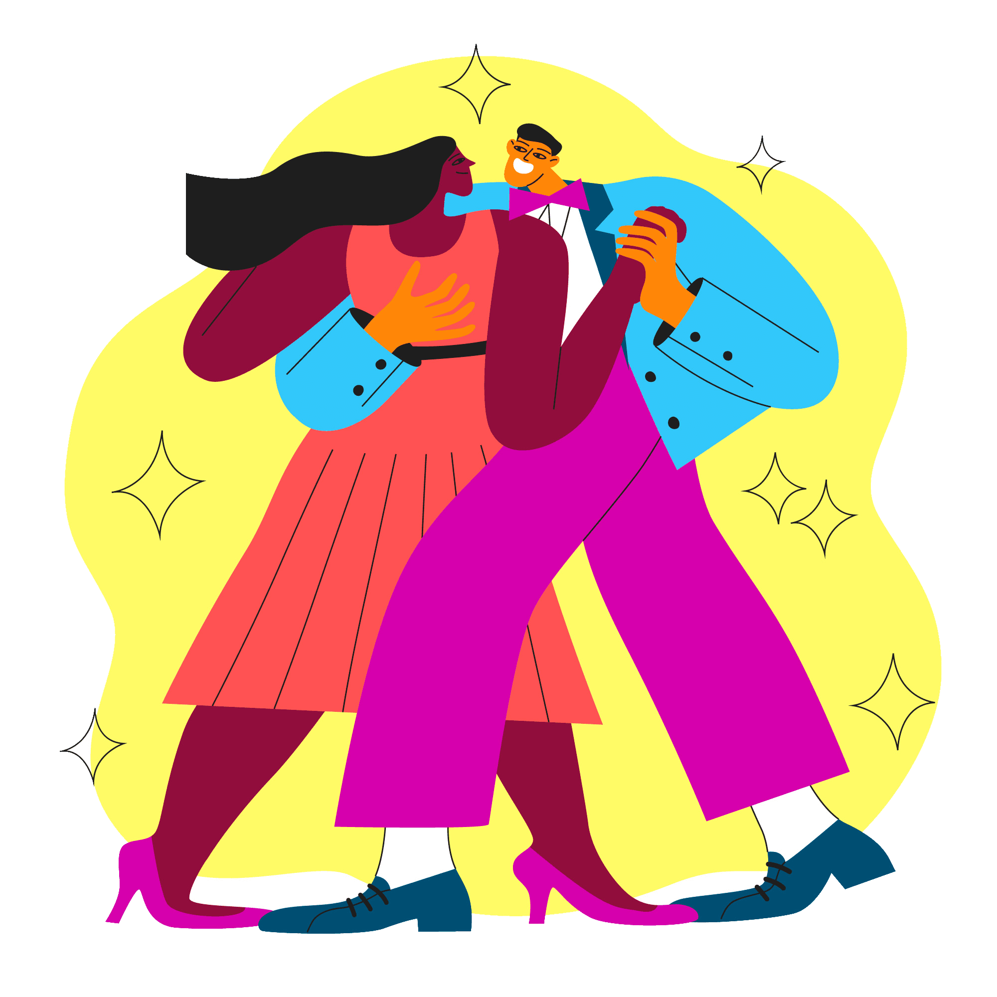 Illustration of a couple dancing together beneath twinkling stars